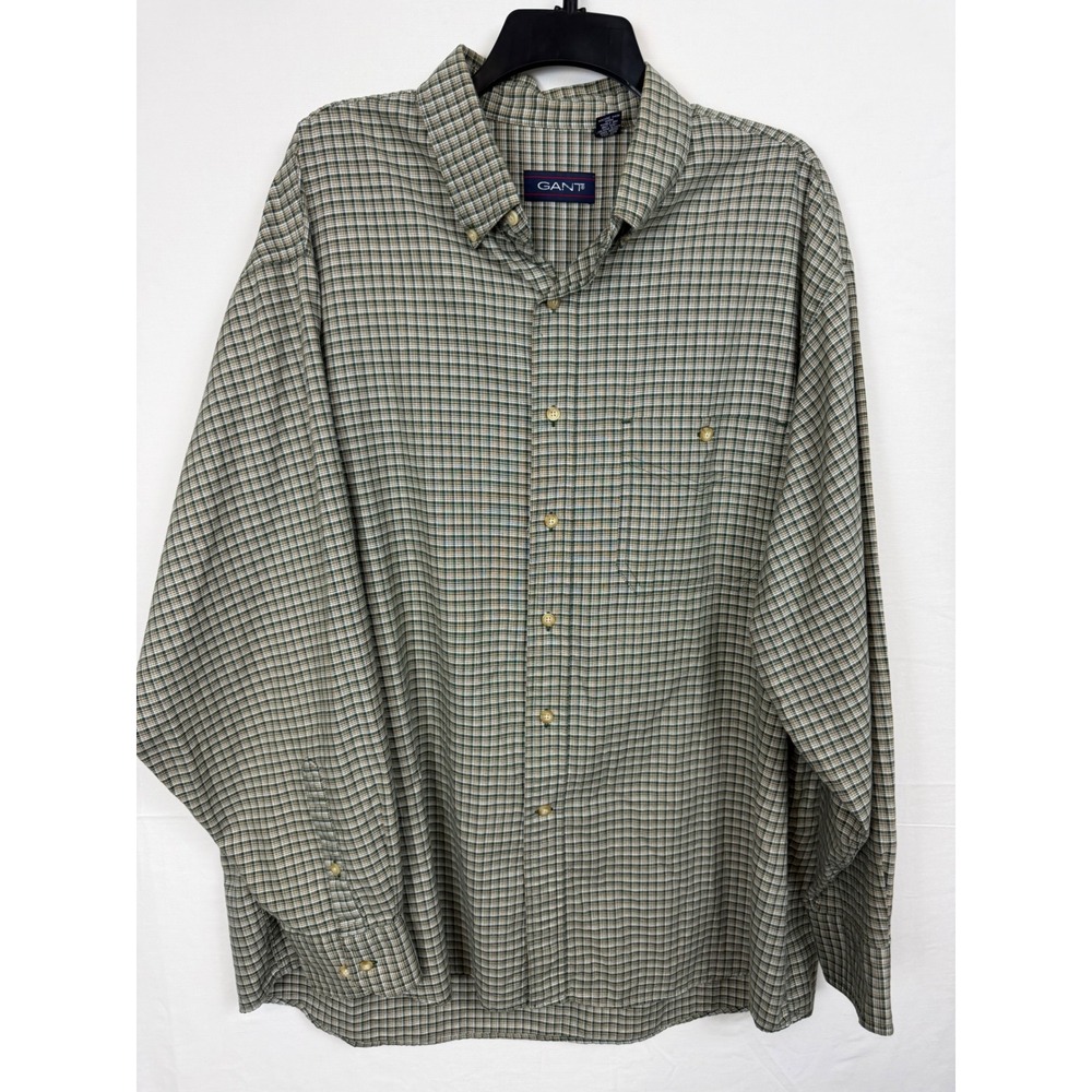 Gant Men 100% Cotton Button Down Shirt XL Green Plaid Long Sleeve Pocket